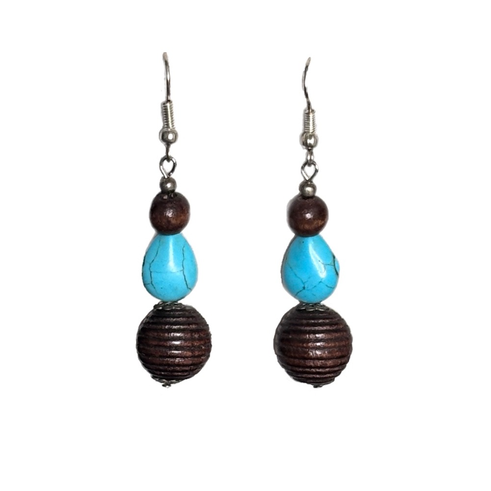 Howlite and Wood Beaded Earrings Upcycled Boho Handmade